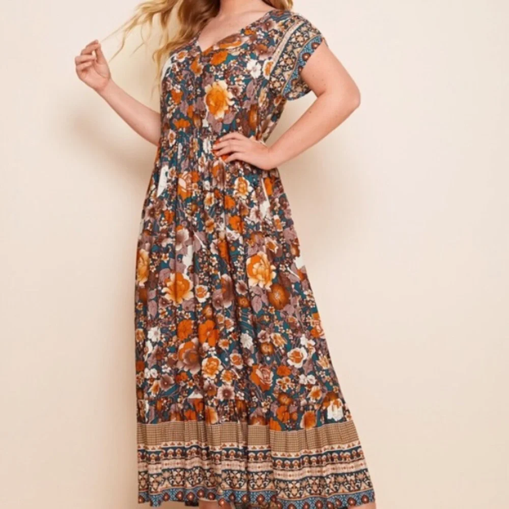 Boho plus size  V neck Floral Orange Maxi Dress - Picture 3 of 5
